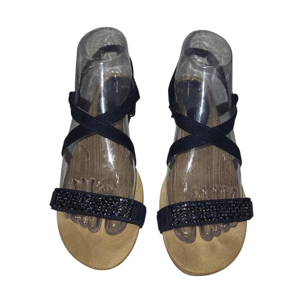 Anne Klein Akjasia Navy Blue Rhinestone Strappy iFlex Wedge Sandals Womens 7.5M